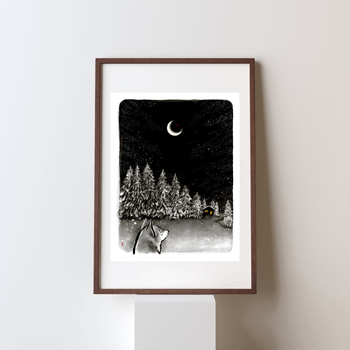 Home Sweet Home, Winter Landscape Art Print | Sumi Ink Wall Art Holiday Moonlit