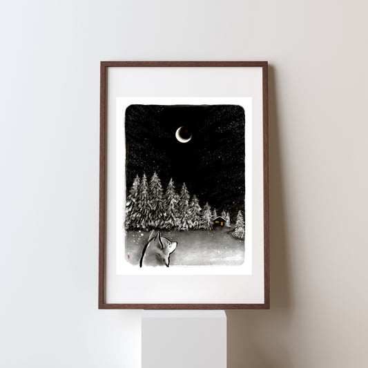 Home Sweet Home, Winter Landscape Art Print | Sumi Ink Wall Art Holiday Moonlit
