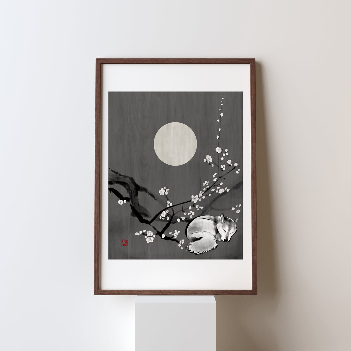 Night Flowers Bloom | Fox & Plum Blossom Art Print | Original Sumi Ink Wall Art