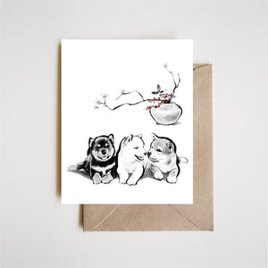 Shiba puppies & Holly Greeting Card | December Birth Month Flowers Winter Holidays New Year Sumi Ink