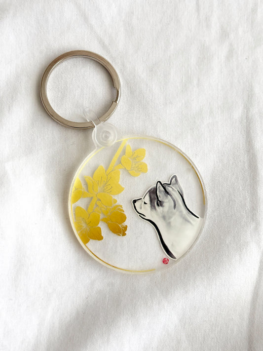 Shiba Puppy Keychain | Watching Golden Blossoms,Clear Acrylic,Sumi Ink Art Home Accessory