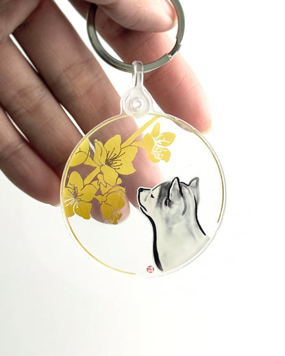 Shiba Puppy Keychain | Watching Golden Blossoms,Clear Acrylic,Sumi Ink Art Home Accessory