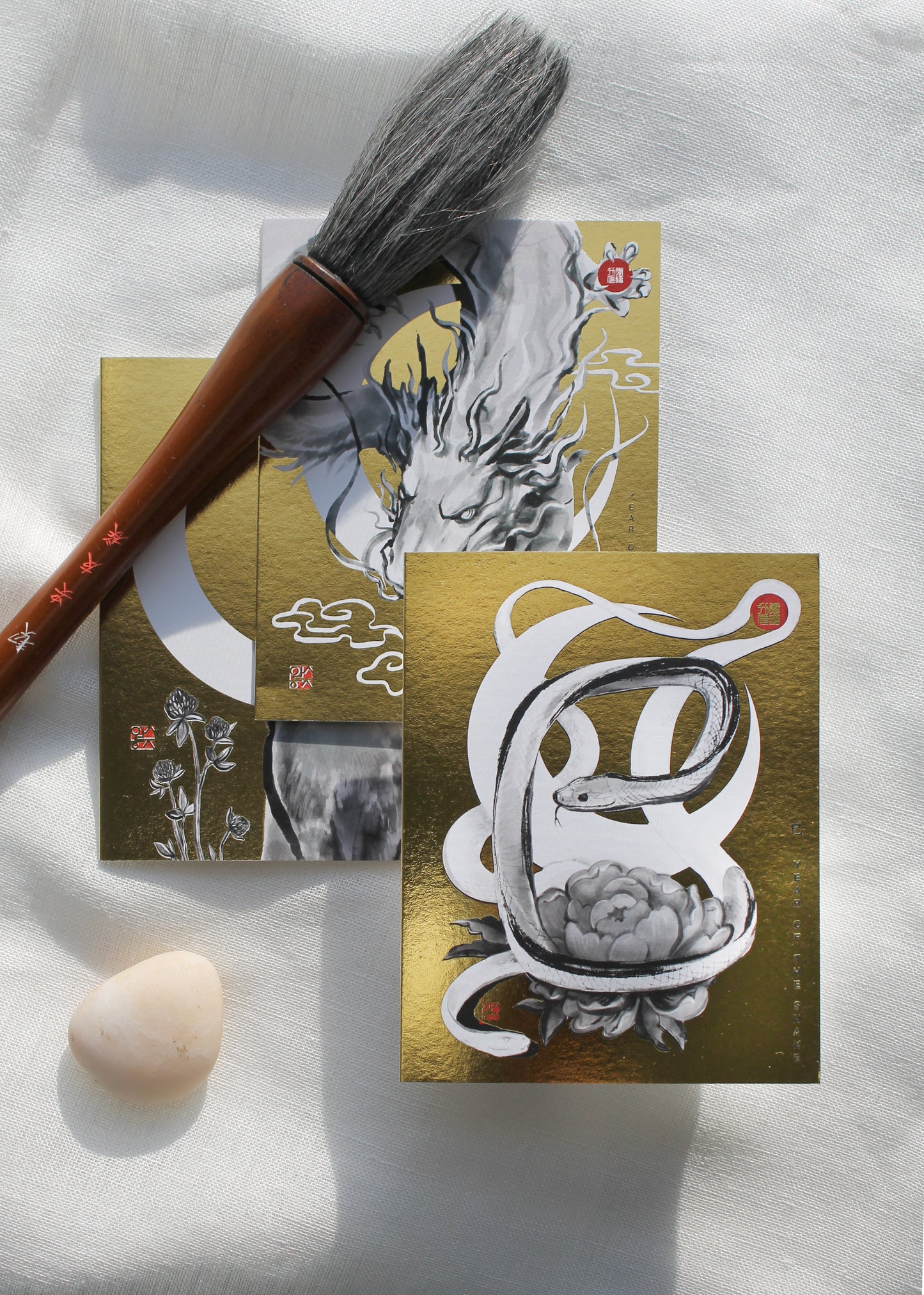 Year of Snake Golden Zodiac Greeting Card, Chinese Letters inspired Symbolic Animal Sumi-e Painting Ink Zen Birthday New Year (Copy)