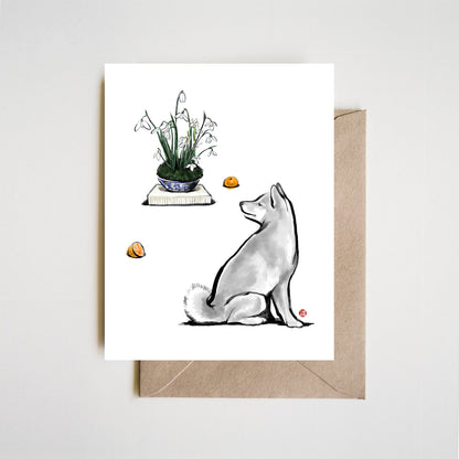 Shiba Snowdrop Greeting Card, January Birth Flowers Month Winter  New Years Zen Good Luck Dog Pet Lovers orange Sumi Ink