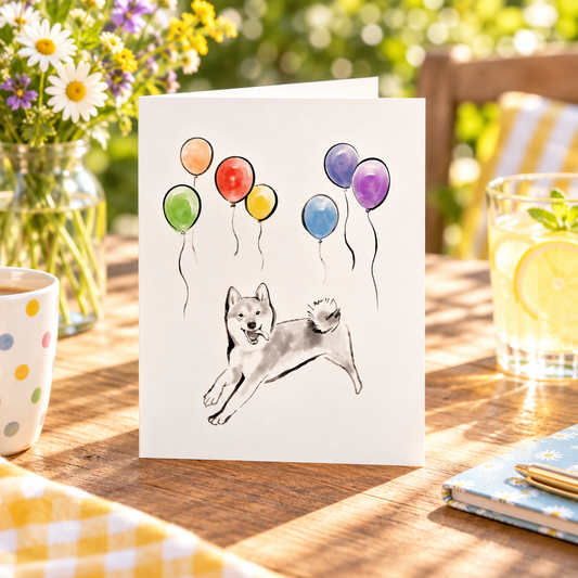 Rainbow Balloons Celebrate Shiba Greeting Card | Playful Sumi Ink Illustration Birthday Anniversary