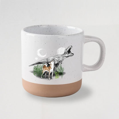 Shiba Meets T-Rex Ceramic Mug – Modern Sumi Ink Illustration, Dinosaur & Dog Art Mug