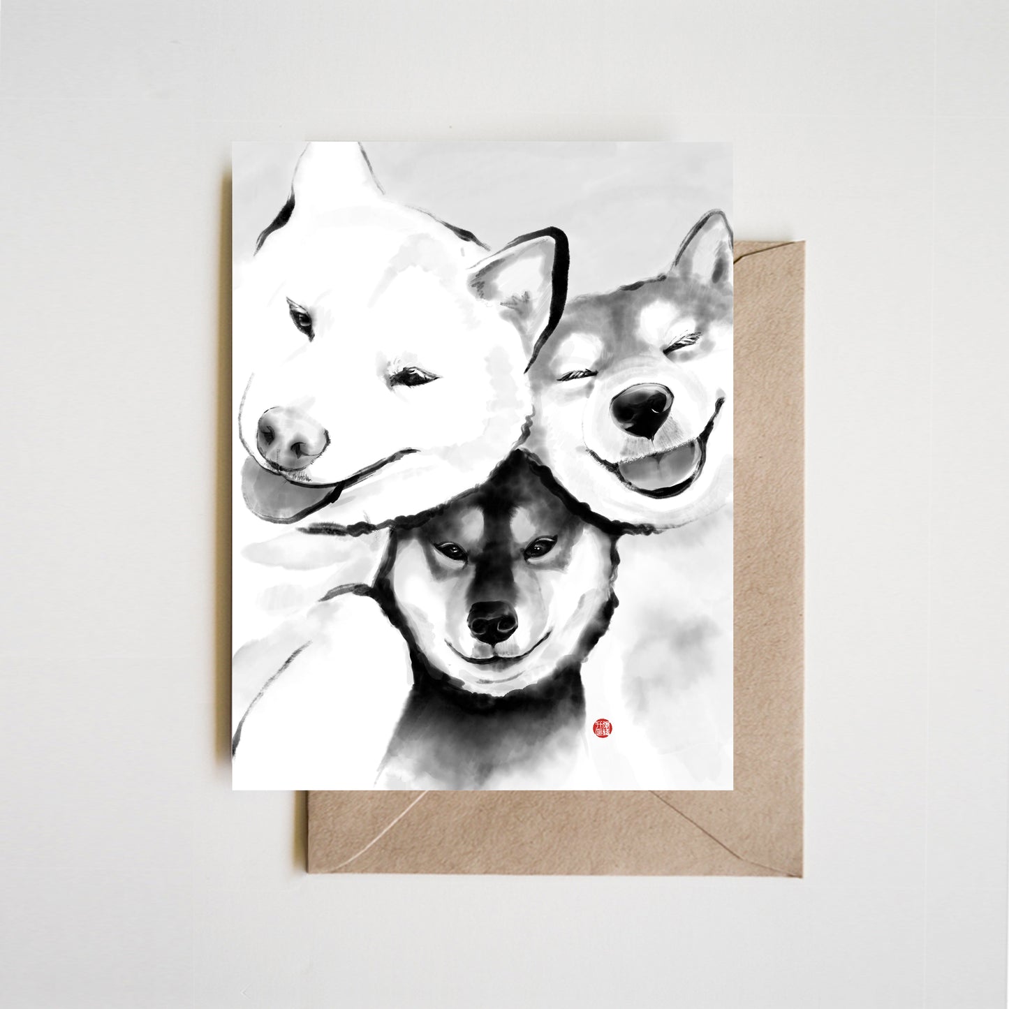 Three Peas in a Pod Shiba Inu Greeting Card | Sumi-e Ink Painting Pet illustration Wabi Sabi Asian Brush Zen theme Dog Toy lover Friendship