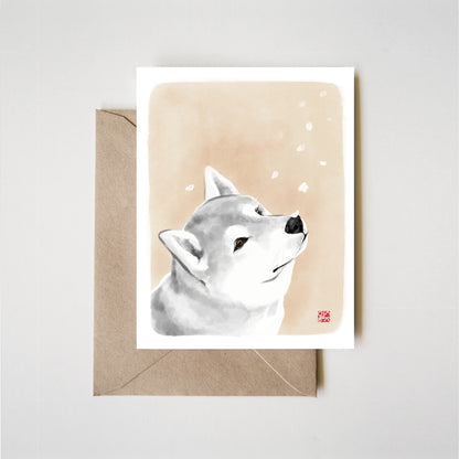 Spring Again | Shiba Inu Blossom Greeting Card | Original Sumi Ink Blank Card