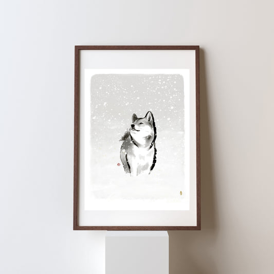 Warm Wishes | Shiba Inu Winter Art Print | Original Sumi Ink Dog Artwork