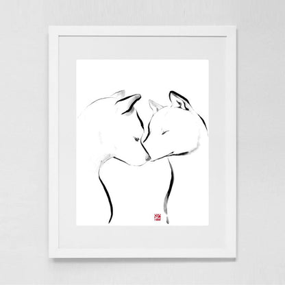 Just the Two of Us Shiba Art Poster,Unique Sumi-e Painting Print Companionship Parents Love B&W Zen  Animal illustration Ink Drawing Dog