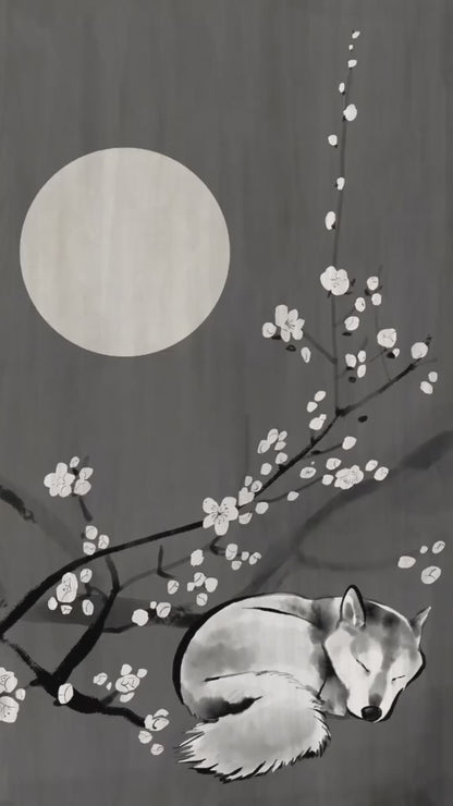 Night Flowers Bloom Shiba Under Moonlight Greeting Card, Sumi Ink Greeting Card, Minimalist Night Blossom Art Stationery