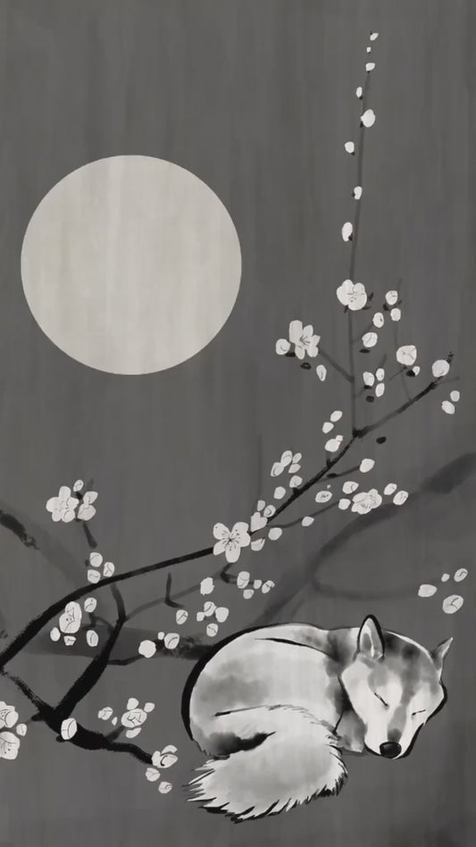 Night Flowers Bloom Shiba Under Moonlight Greeting Card, Sumi Ink Greeting Card, Minimalist Night Blossom Art Stationery