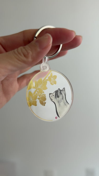 Shiba Puppy Keychain | Watching Golden Blossoms,Clear Acrylic,Sumi Ink Art Home Accessory