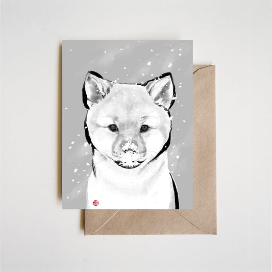 Shiba Puppy Snow on Nose Greeting Card, Unique Sumi-e Painting Print Animal illustration B&W Asian zen Dog lover Cute Ink Drawing Japanese