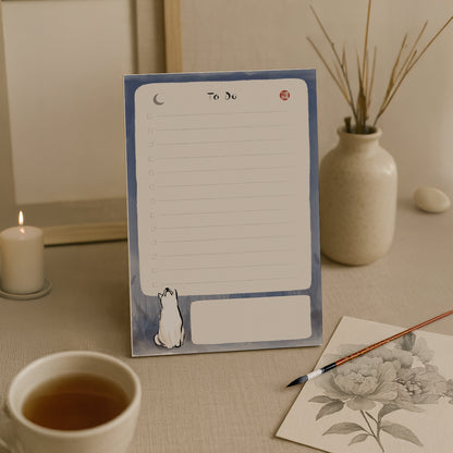 Shiba To-Do List Notepad – 50 Sheets, Minimal Ink Art Stationery with Moon Design