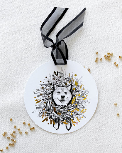 Wreath Shiba Ornament Holiday Sumi-e Gift Tag