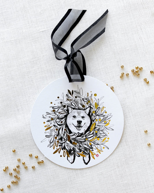 Wreath Shiba Ornament Holiday Sumi-e Gift Tag