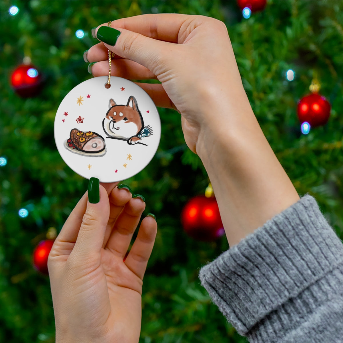 Shiba Inu Treat Ham Ceramic Ornament | Christmas Tree Deco Holidays Dog Pet Lovers Gift Cute Snow Jingle Bell Star