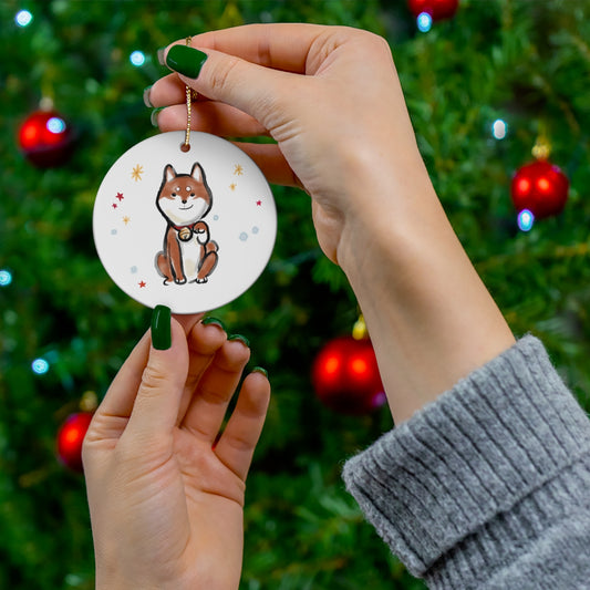 Happy New Year Shiba Inu Ceramic Ornament | Christmas Tree Deco Holidays Dog Pet Lovers Gift Cute Snow Jingle Bell Star