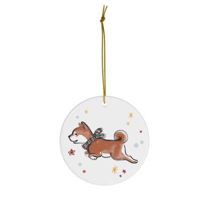 Running Shiba Inu Ceramic Ornament | Christmas Tree Deco Holidays Dog Pet Lovers Gift Cute Snow Jingle Bell Star