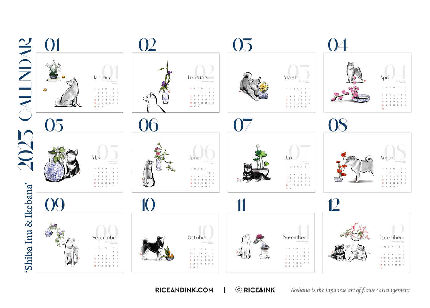 2023 Shiba Calendar & Birth Month Flowers Ikebana Desk Calendar