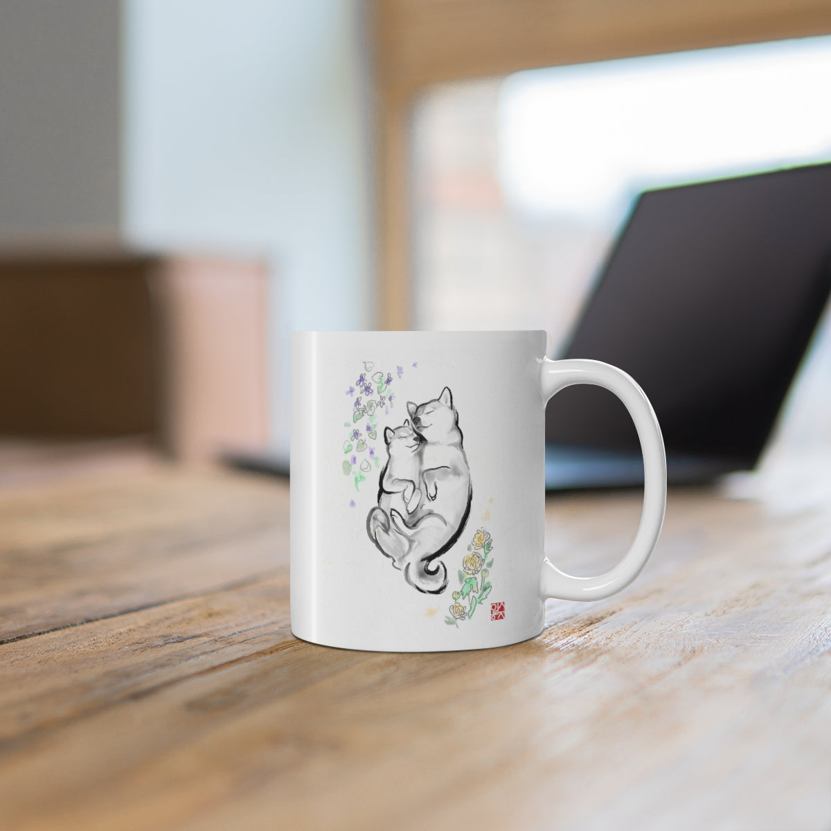 My Mum(Mom) Loves Violets Ceramic Mug | Sumi-e Ink Mother's Day Father's Day Easter Spring Puppy Flower Pet Asian Japanese Zen Dog lover