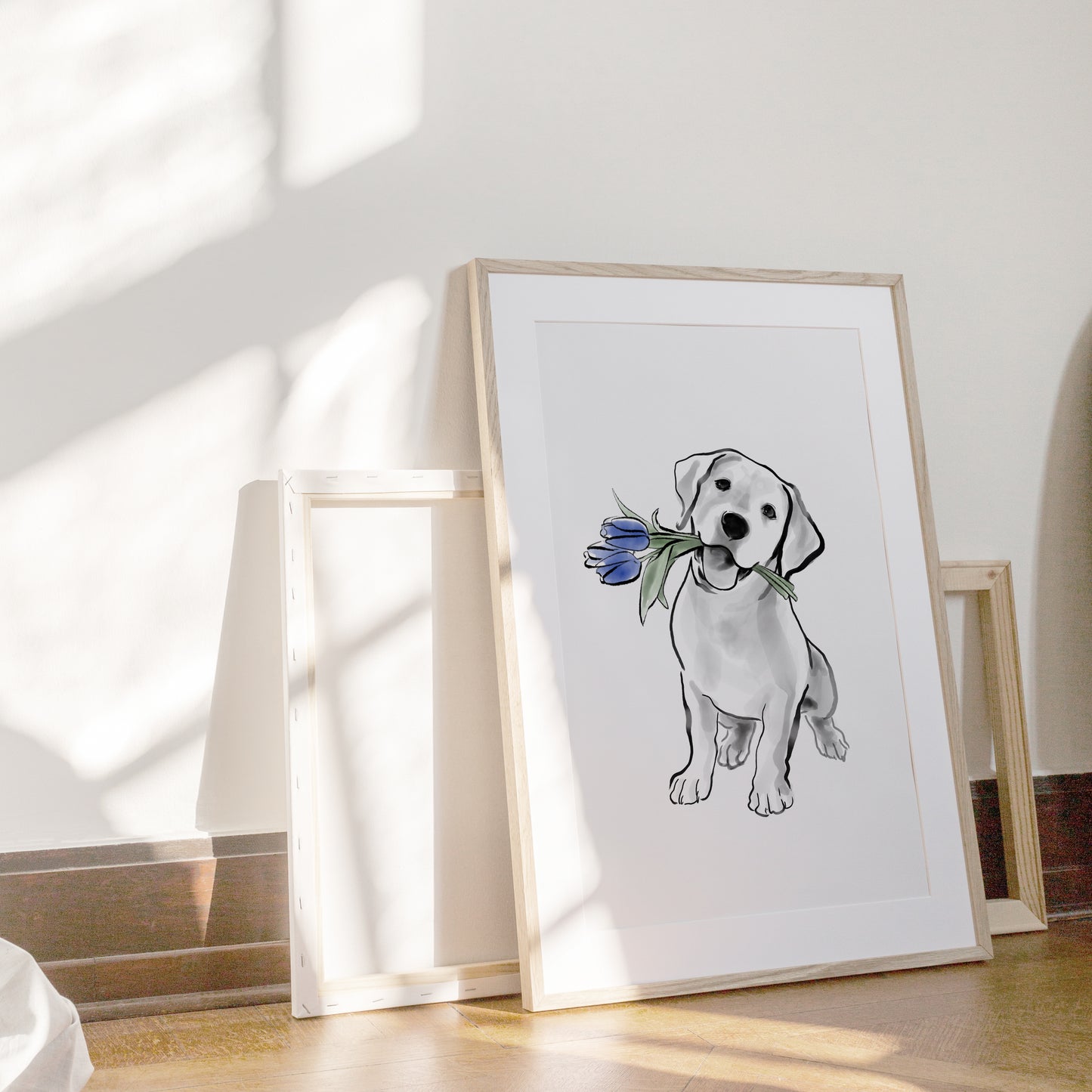 Labrador Retriever Puppy holding Blue Tulips Art Print Poster | Unique Sumi-e Painting Japanese dog Ukiyo-e Ink Animal Illustration Asia Zen