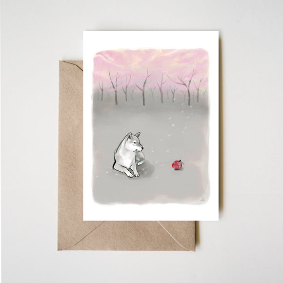 Pink Blossom Tree Shiba Inu Greeting Card