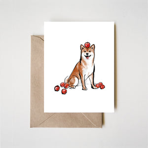 Apple and Shiba Inu Greeting Card | Red Fruit Sumi-e Painting Ink Illustration Zen Asian Dog Puppy Anniversary Baby Shower Pet Lovers