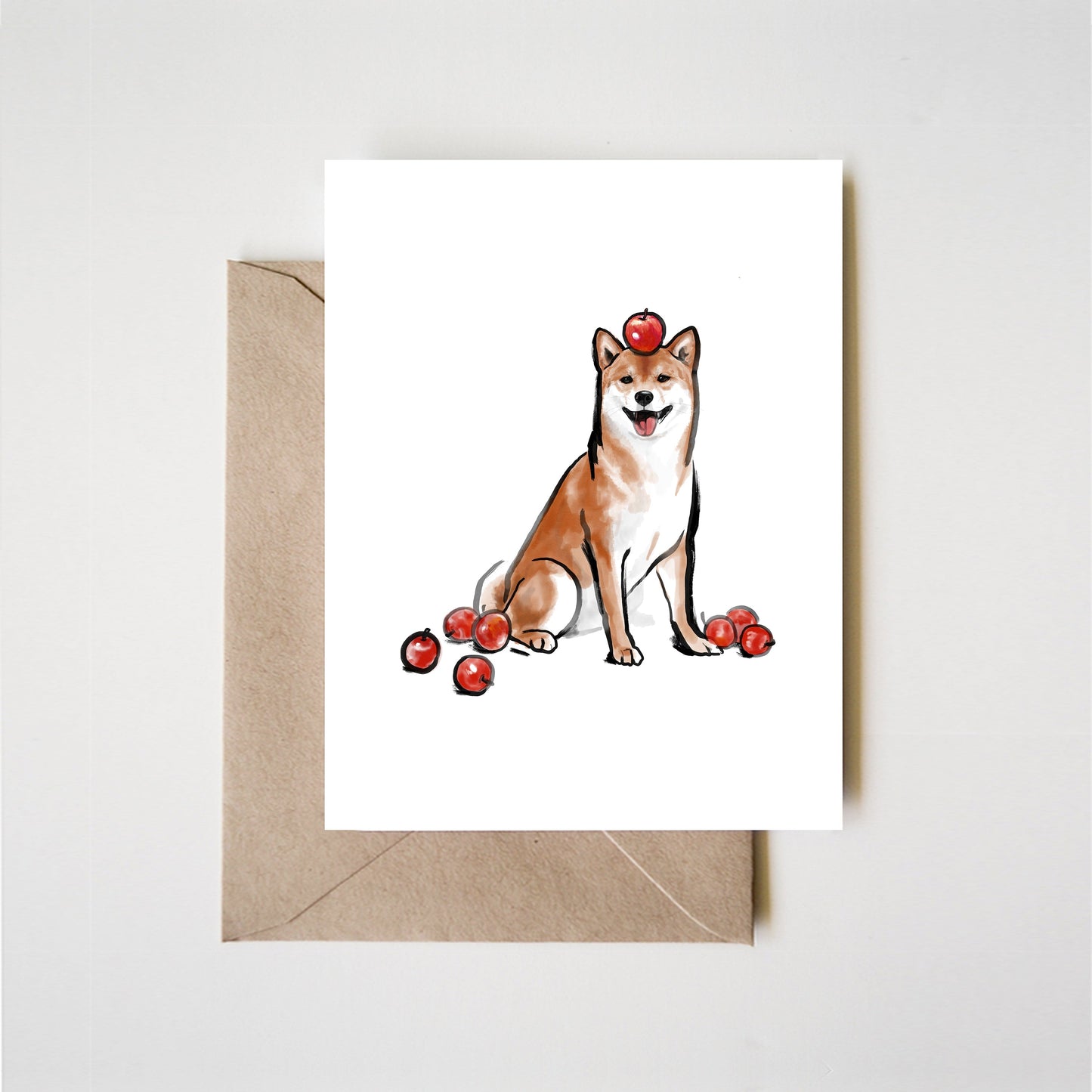 Apple and Shiba Inu Greeting Card | Cream Sumi-e Painting Ink Illustration Zen Asian Dog Puppy Anniversary Baby Shower Pet Lovers