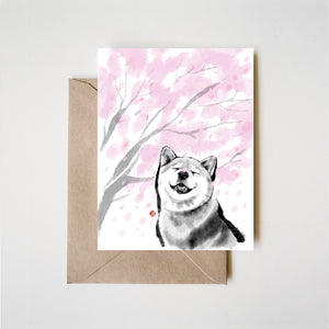 Cherry Blossom Smile Shiba Inu Greeting Card | Sumi-e Ink Painting Print Pet illustration Wabi Sabi Asian zen theme Dog lover Sakura