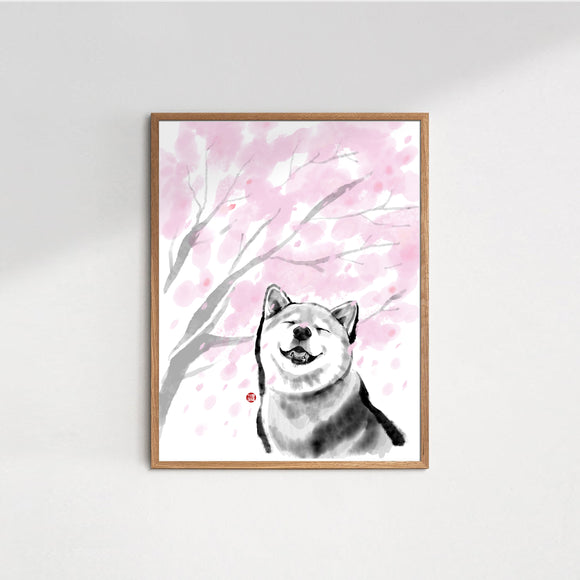 Cherry Blossom Smile Shiba Inu Art Print | Sumi-e Ink Painting Poster Pet illustration Wabi Sabi Asian zen theme Dog lover Sakura