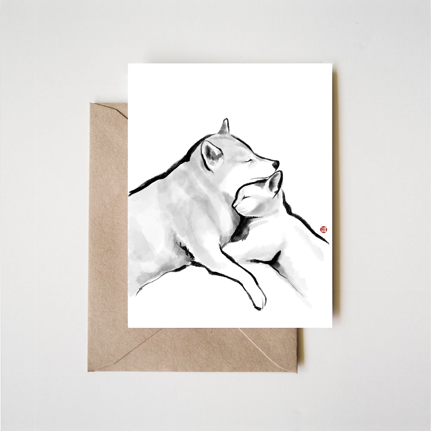 Shiba Inu and Cat Hug, Lean On Me Greeting Card | Sumi-e Ink Painting Pet illustration Wabi Sabi Asian Brush Zen theme Dog lover Friendship