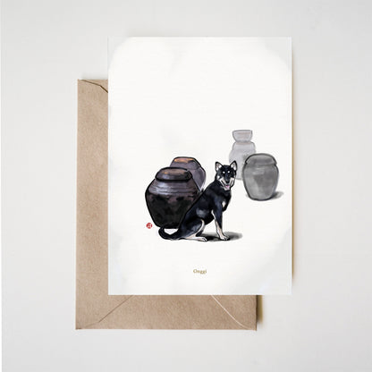 Jindo Dog Earthenware Greeting Card, Sumi-e Painting Korean Heritage Onggi Pot