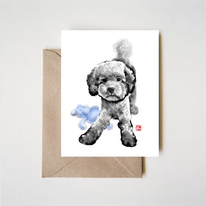 Poodle and Teddy Bear Greeting Card | Sumi-e Ink Painting Pet illustration Wabi Sabi Asian Brush Zen theme Dog Toy lover Friendship