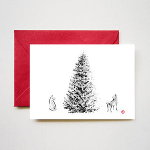 Two Shiba Inu between Christmas Tree Cards Set of 8