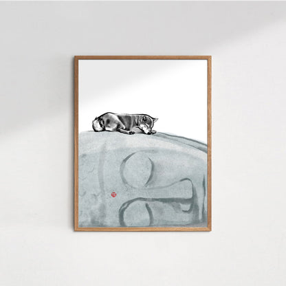 Peace and Happiness, Sleeping Buddha & Shiba Inu Art Print | Sumi-e Ink Painting Poster Pet illustration Wabi Sabi Asian zen theme Dog lover