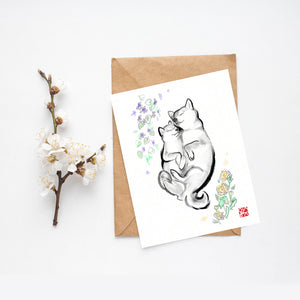 My Mum(Mom) Loves Violets Greeting Card | Sumi-e Ink Mother's Day Father's Day Easter Spring Puppy Flower Pet Asian Japanese Zen Dog lover