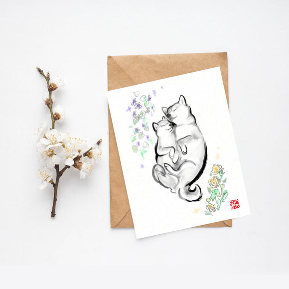 My Mum(Mom) Loves Violets Greeting Card | Sumi-e Ink Mother's Day Father's Day Easter Spring Puppy Flower Pet Asian Japanese Zen Dog lover