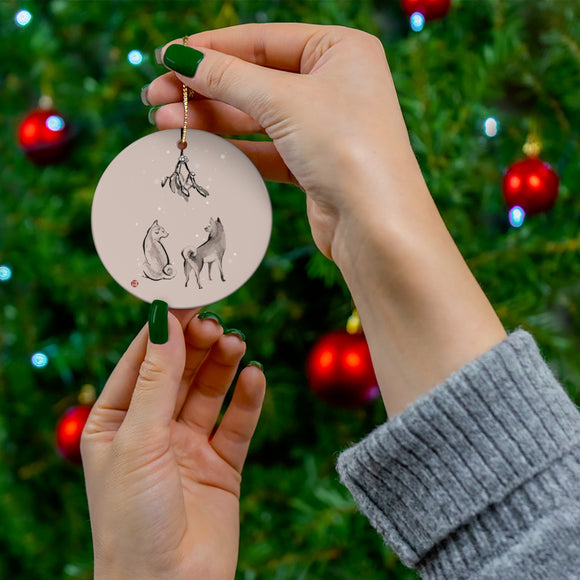 Underneath the Mistletoe Shiba Inu Ceramic Ornament | Christmas Tree Deco Holidays Dog Pet Lovers Gift Cute Snow Jingle Bell Star