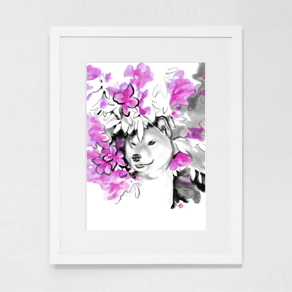 Azalea Shiba Inu Art Print | Pink Flowers Sumi Ink