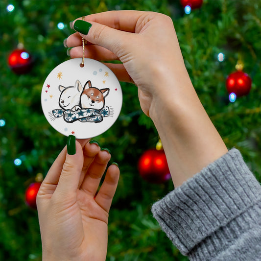 Two Shiba Inu in Scarf Ceramic Ornament | Christmas Tree Deco Holidays Dog Pet Lovers Gift Cute Snow