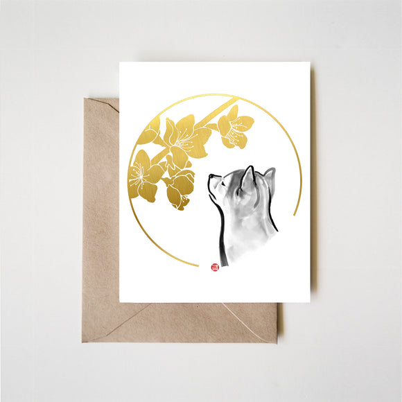 Peach blossoms and a Shiba Inu puppy Greeting Card