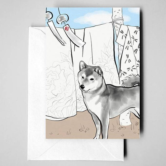 Shiba Inu, Wind Bell, Hanging Silk Kimono Greeting Card