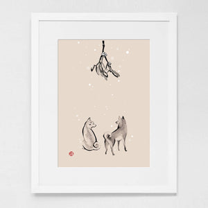 Shiba Inu Under Mistletoe Art Print Poster
