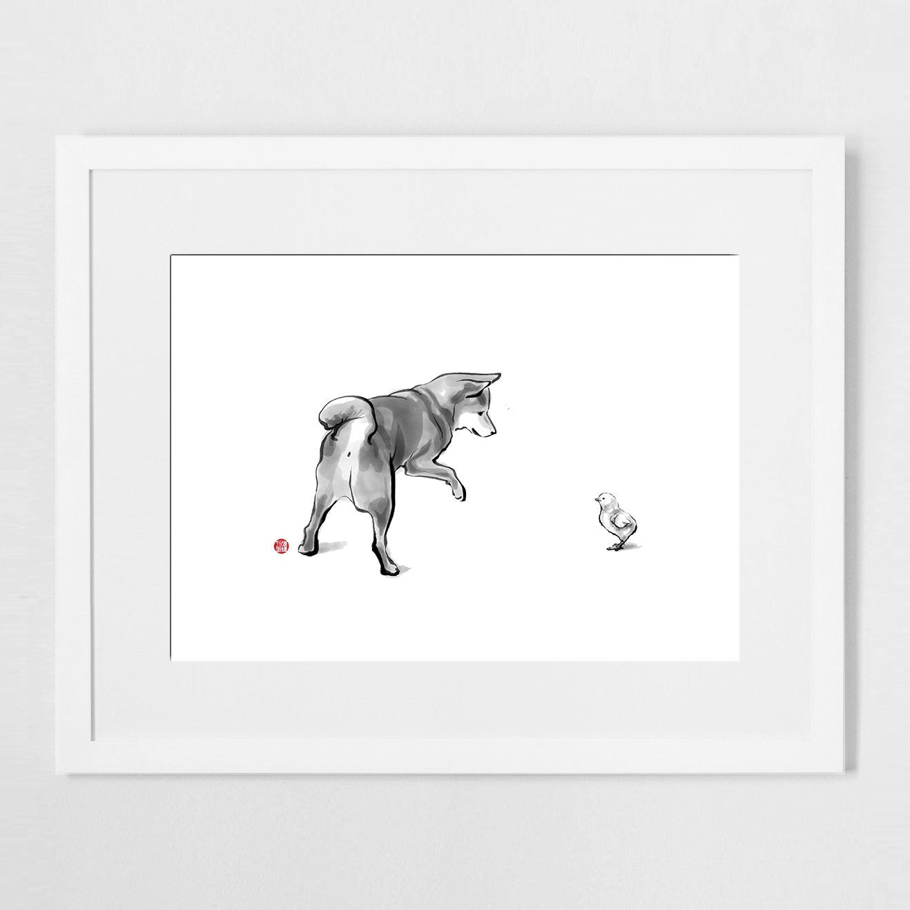 Shiba Inu and Little Chick Sumi Ink Art Print Poster