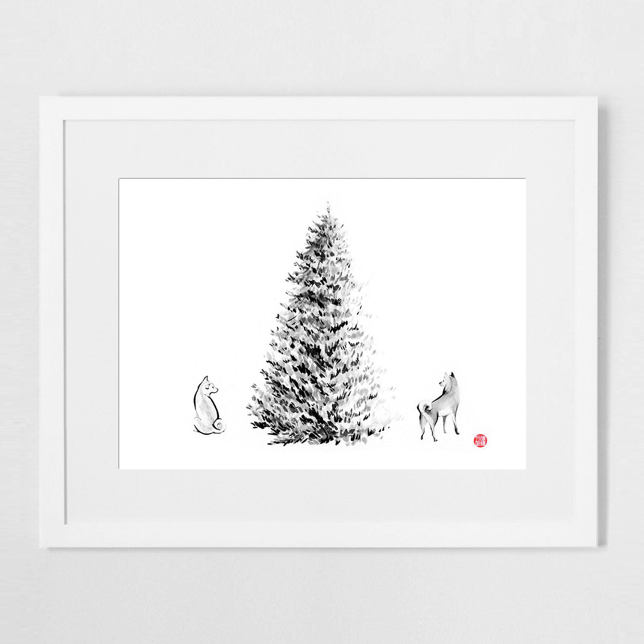 Shiba Inu between Christmas Tree Art Print Poster