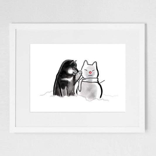 Snowman and Shiba inu Art Print Poster