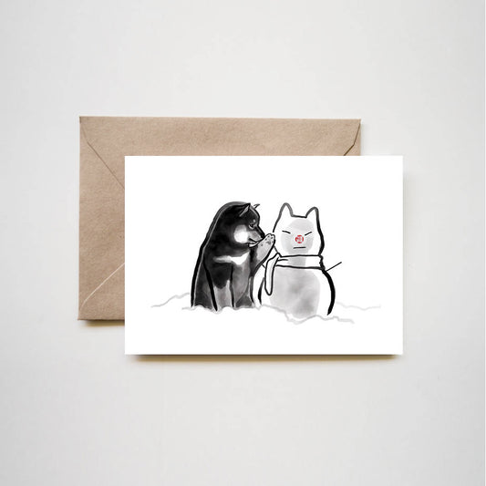 Shiba Inu Puppy and Snowman Greeting Card