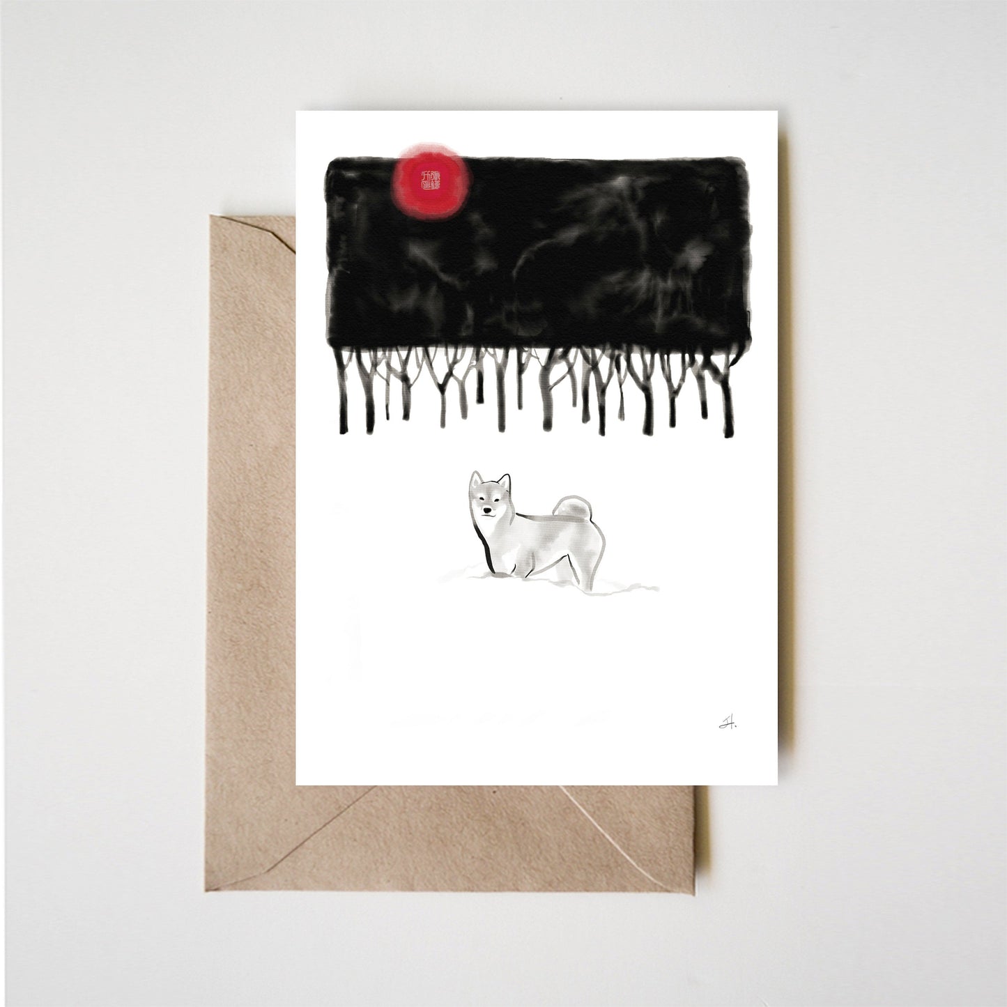 Snowy Winter Forest Shiba Inu Greeting Card